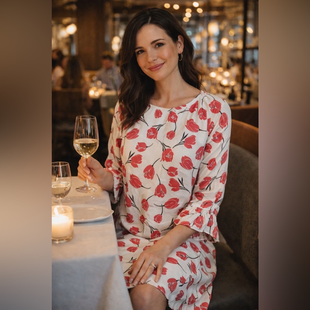 KAOS 100% Silk Long Sleeve Floral Print Ruffled Relaxed Fit Midi Dress